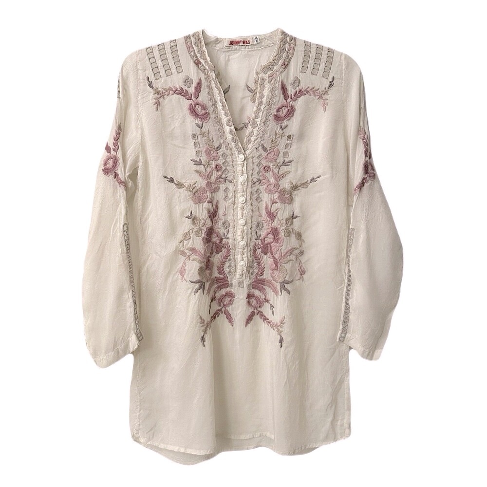 Johnny Was Womens Size Small Embroidered Floral Boho Clio Tunic in Shell Beige - Picture 3 of 11